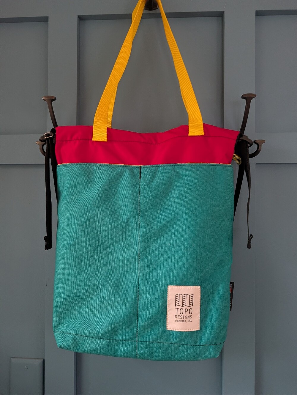 Topo Designs Teal & Red Colorblock Tote Bag with Yellow Straps